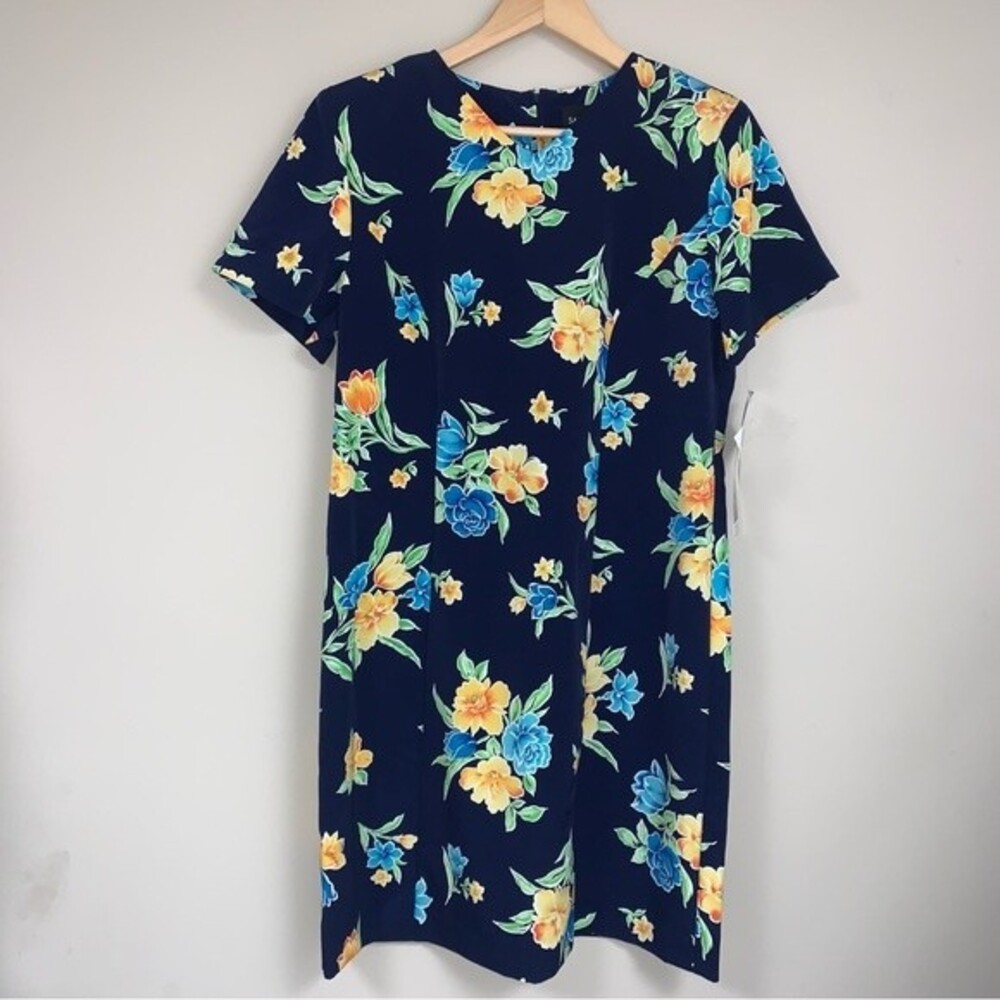 Beachy Navy Blue Floral Dress Women’s 12P Short Sleeve Resortwear by Sag Harbor